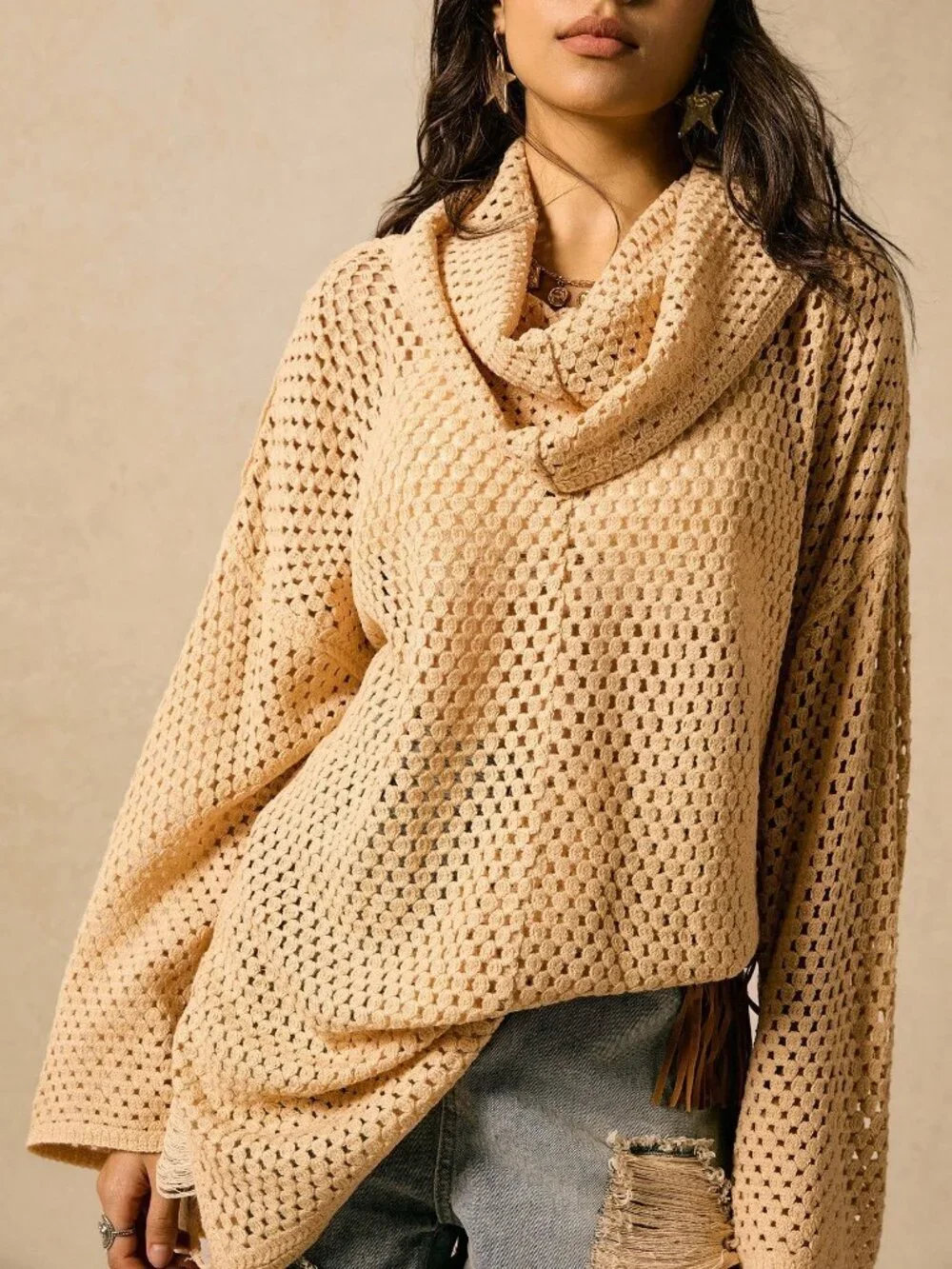 Casual Women's Draped Neck Asymmetric Hem Sweater Boho Western Wear top